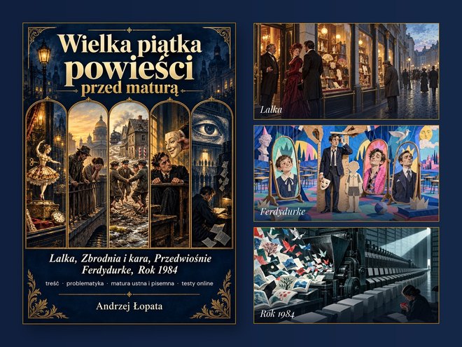 Okładka e-booka i ilustracje z bezpłatnego fragmentu do Lalki, Ferdydurke i Roku 1984